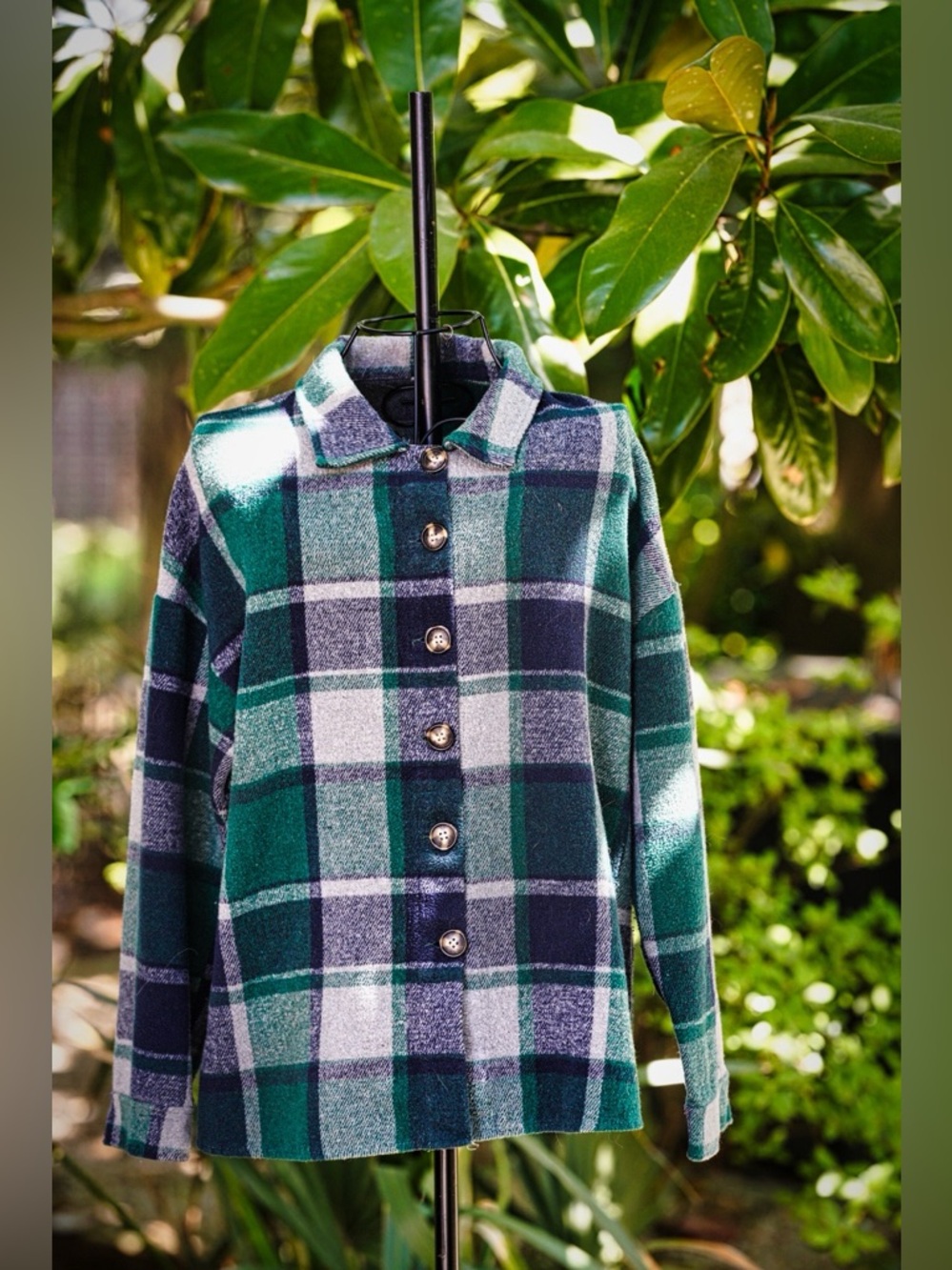 Green & Navy Plaid Flannel Shacket - Oversized Button Down - Picture 3 of 7